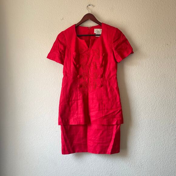 Vintage 80s linen red mini dress‎ embroidered details and layered hem 4 - Picture 1 of 9